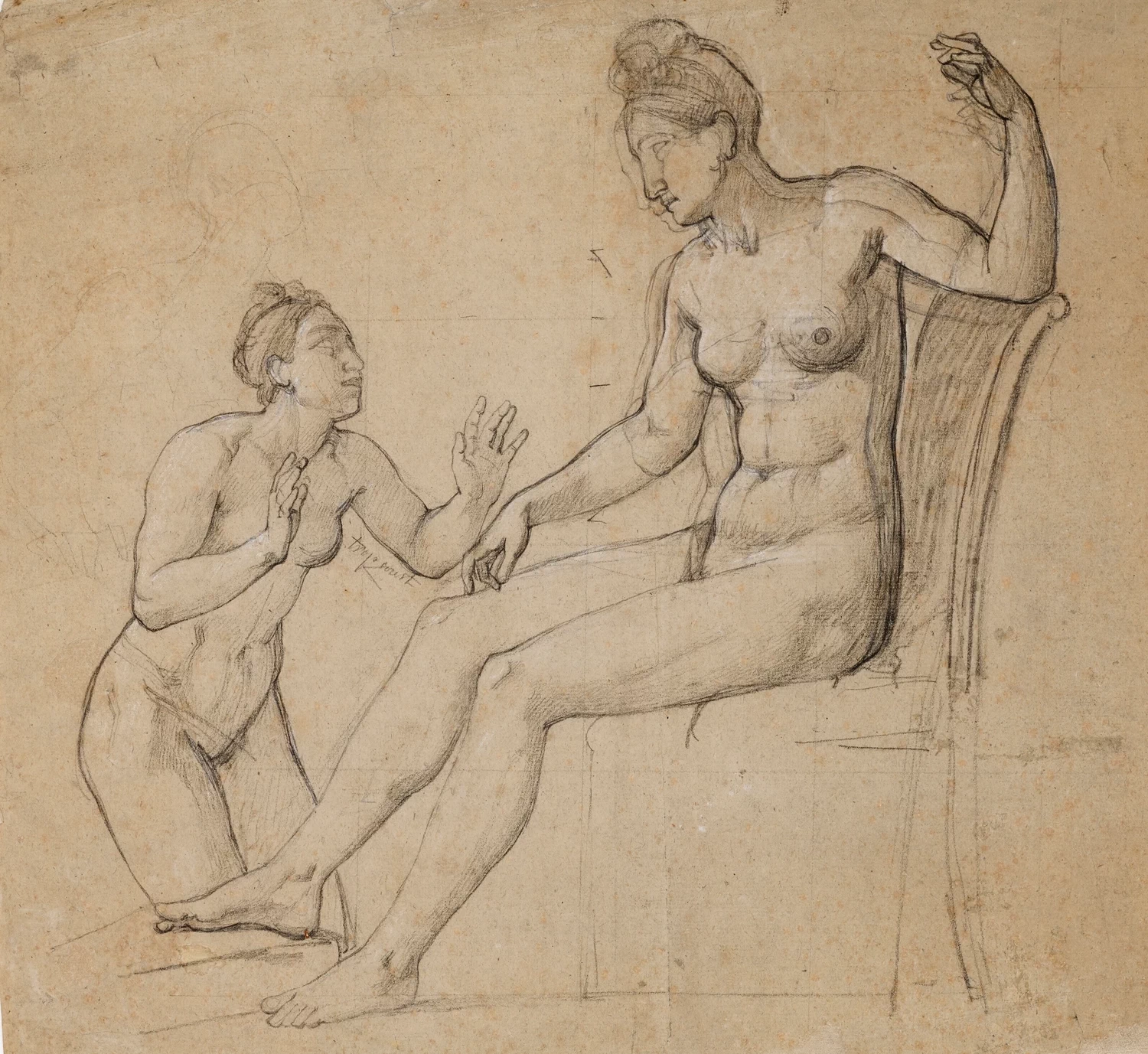 Studio di due donne nude, una seduta, l'altra inginocchiata